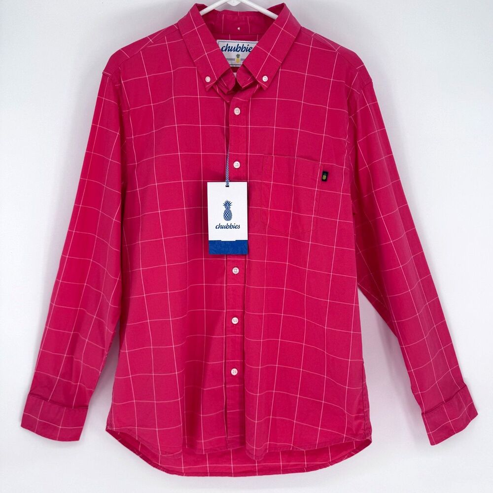 Chubbies NWT No Tuck Shirt Mens Large Pink Plaid Button Down The Picnic Party